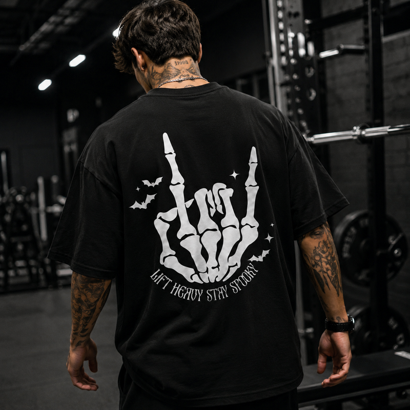 Lift Heavy Stay Spooky - Skeleton Hand, Bats and Bold Back Print