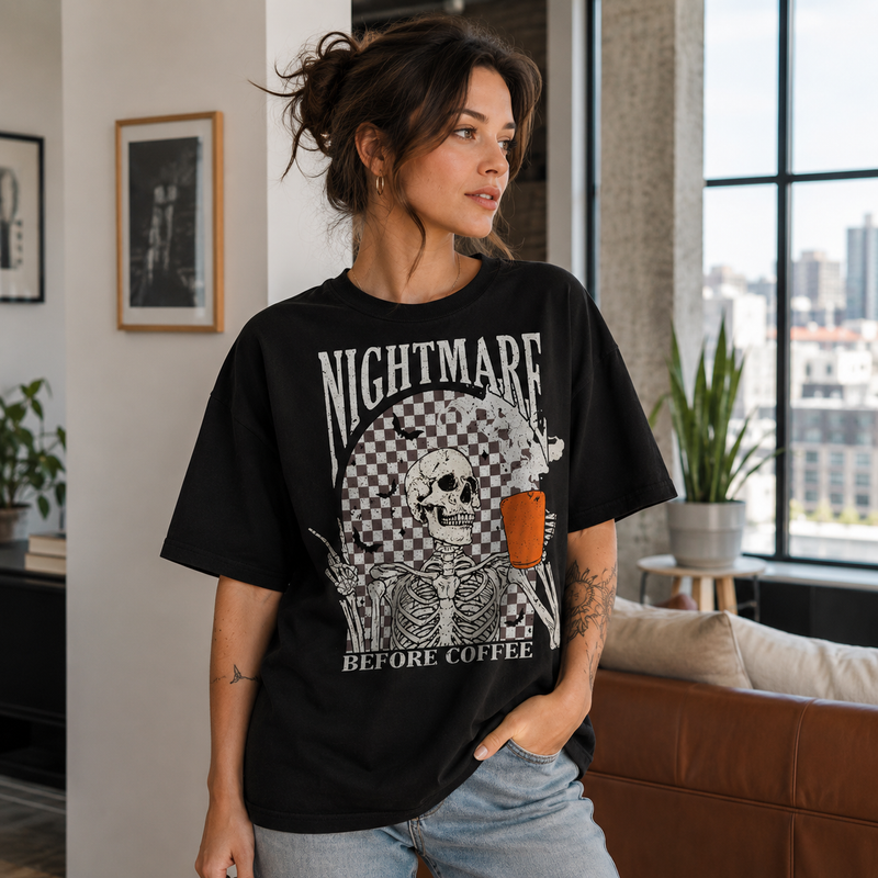 Nightmare Before Coffee - Checkerboard Skeleton Graphic Tee