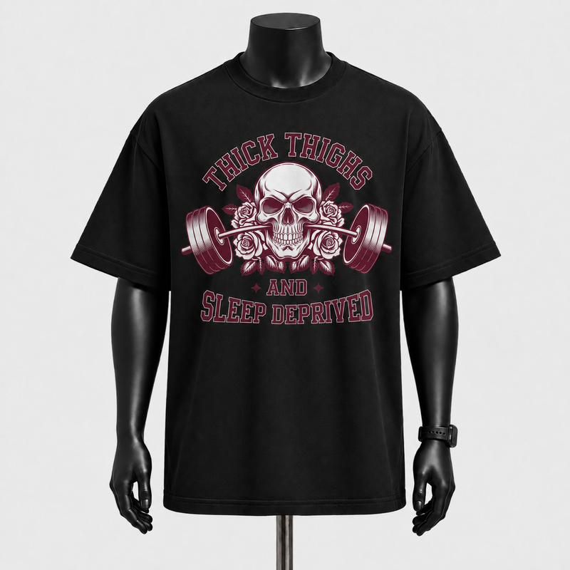 Thick Thighs and Sleep Deprived - Burgundy Emblem Streetwear Tee