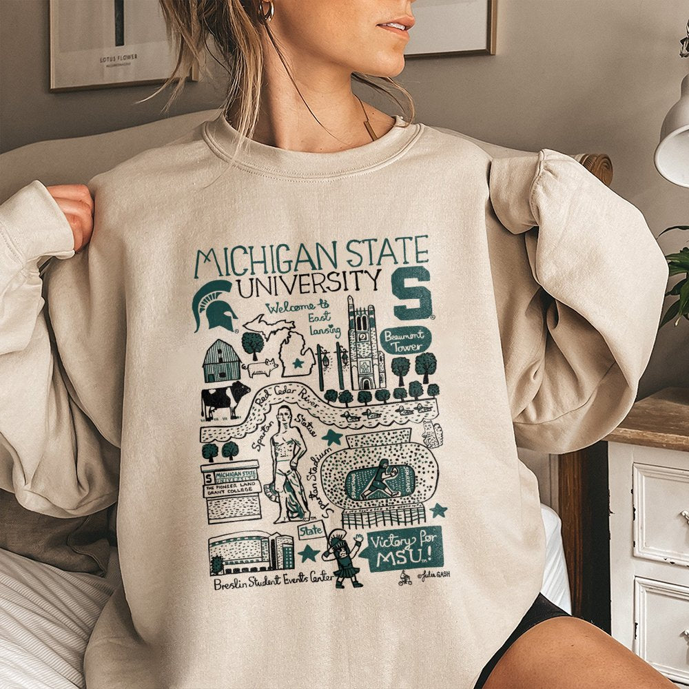Michigan State University Sweatshirt | MSU Campus Landmarks Illustration | Premium Cotton Blend Crewneck | Gift for Spartans 