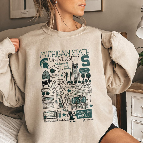 Michigan State University Sweatshirt | MSU Campus Landmarks Illustration | Premium Cotton Blend Crewneck | Gift for Spartans 