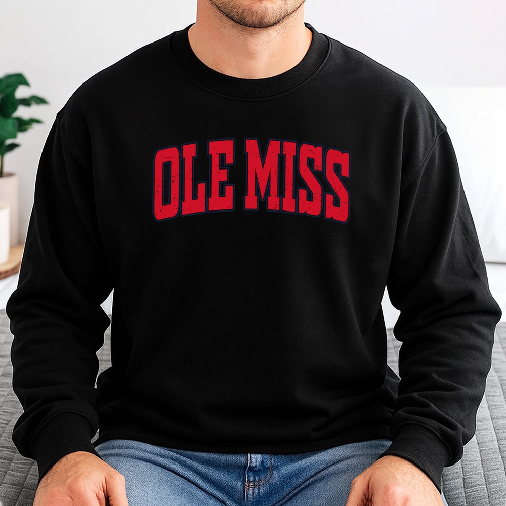 Ole Miss Sweatshirt | Distressed Collegiate Font Graphic Crewneck | Premium Cotton Blend | University Fan Gift Apparel
