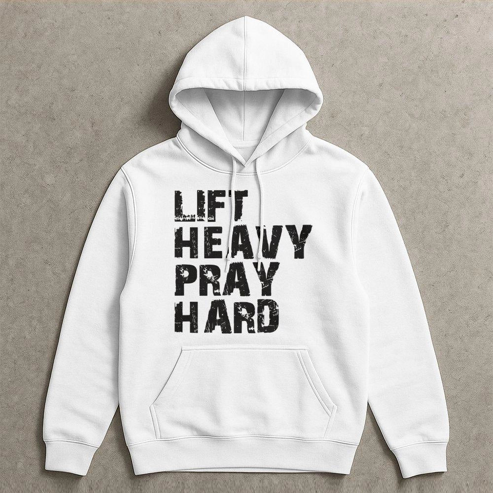 Lift Heavy Pray Hard Hoodie | Distressed Fitness Faith Graphic | Premium Cotton Blend | Christian Gym Gift For Men Women