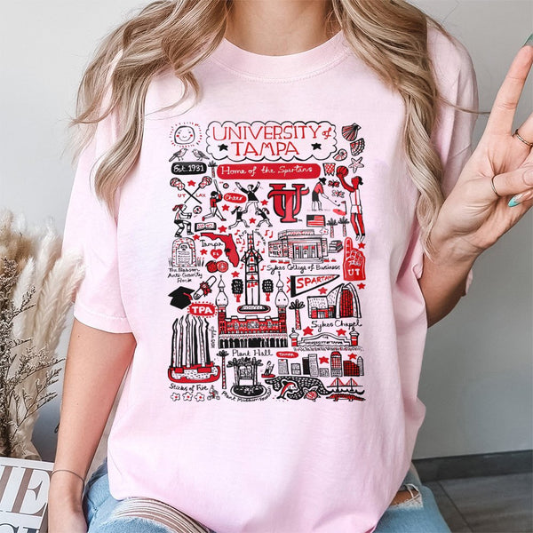 University of Tampa T-Shirt | Spartans Campus Map Doodle Graphic | 100% Cotton Premium Tee | Tampa Florida College Student Gi