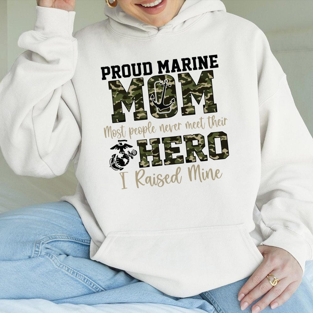 Proud Marine Mom Hoodie | Camo Text Military Gift | Premium Cotton-Poly Blend | USMC Support Apparel For Proud Mother