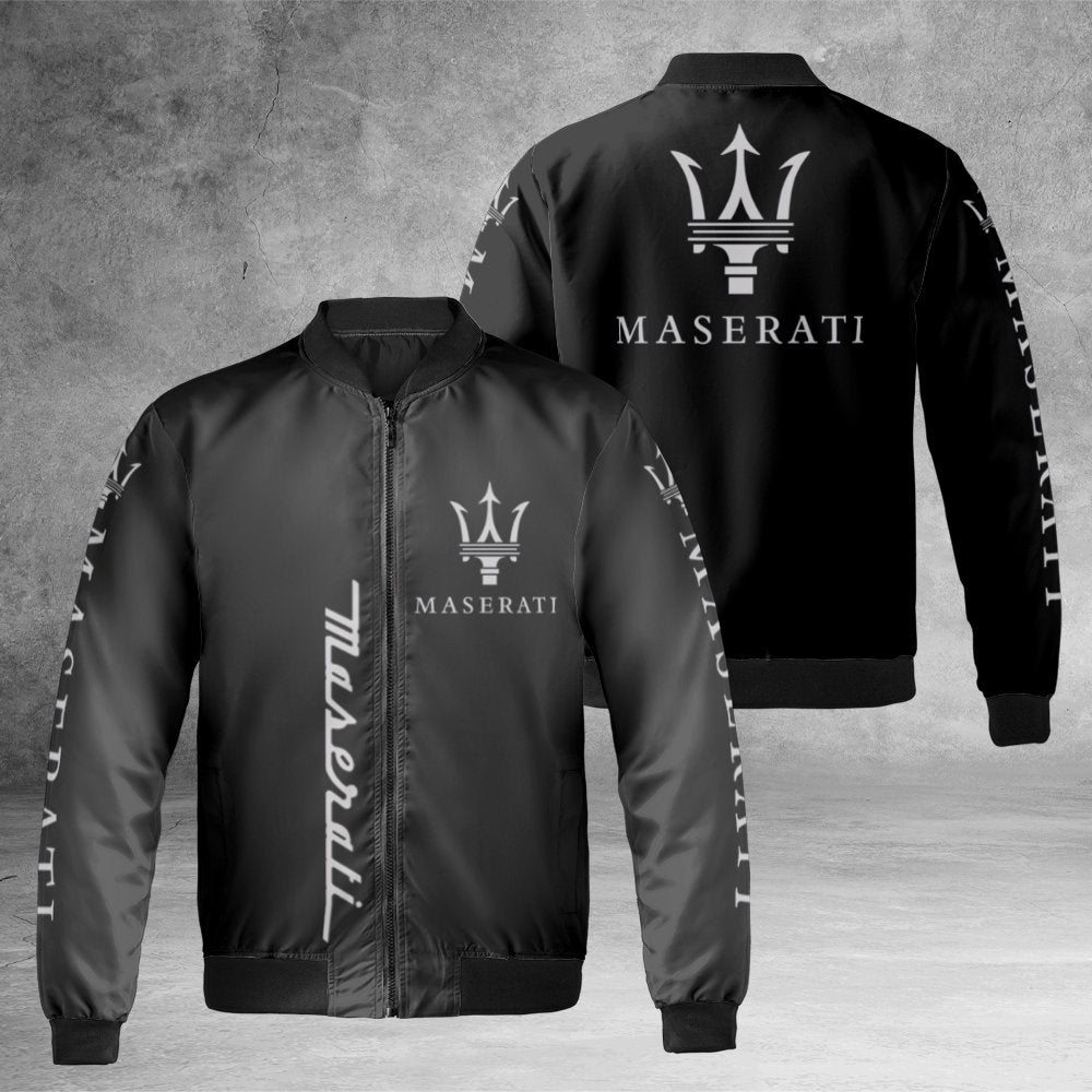 Maserati Logo Bomber Jacket | Luxury Car Graphic Streetwear | Durable Nylon Full-Zip Coat | Premium Automotive Enthusiast Gif