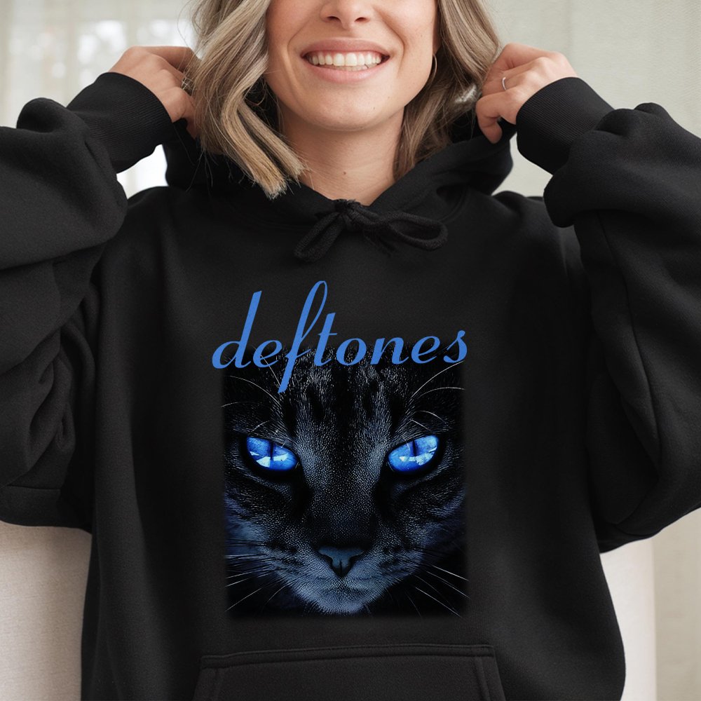 Deftones Cat Hoodie | Neon Blue Eyes Graphic Print | Cotton-Poly Blend Premium Fleece | Alternative Rock Music Band Merch Gif