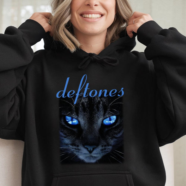 Deftones Cat Hoodie | Neon Blue Eyes Graphic Print | Cotton-Poly Blend Premium Fleece | Alternative Rock Music Band Merch Gif