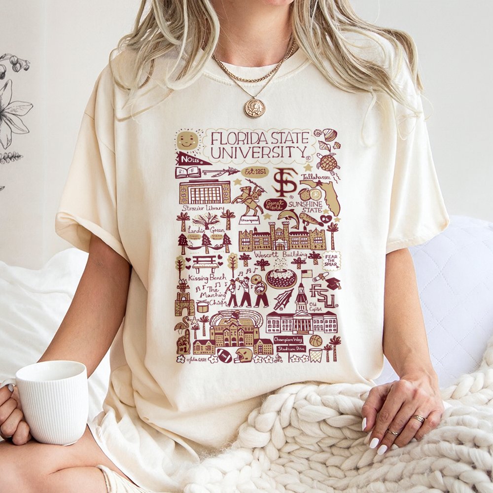 Florida State University Map T-Shirt | Campus Landmark Doodle Art | 100% Cotton Premium Tee | FSU Seminoles Fan Apparel Gift 