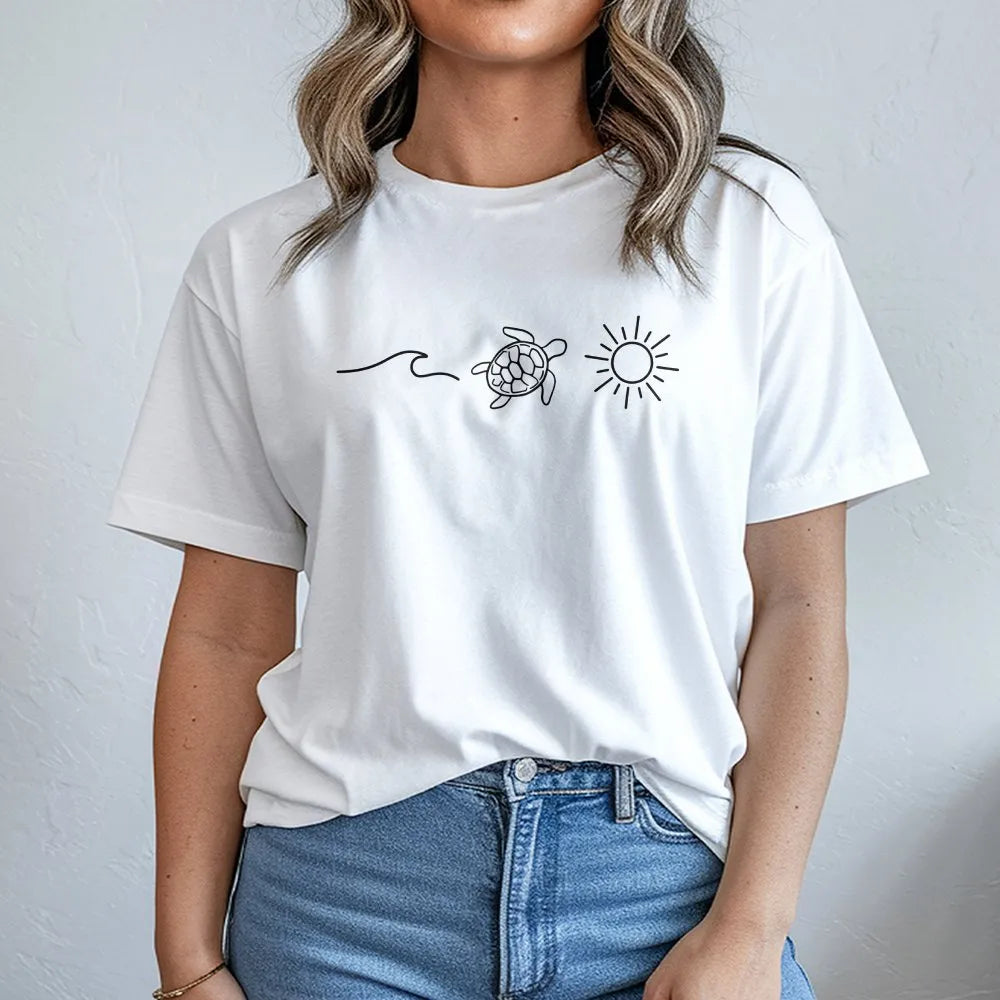 Minimalist Sea Turtle Sweatshirt | Ocean Wave and Sun Line Art | Soft Cotton Blend | Gift for Beach Lover