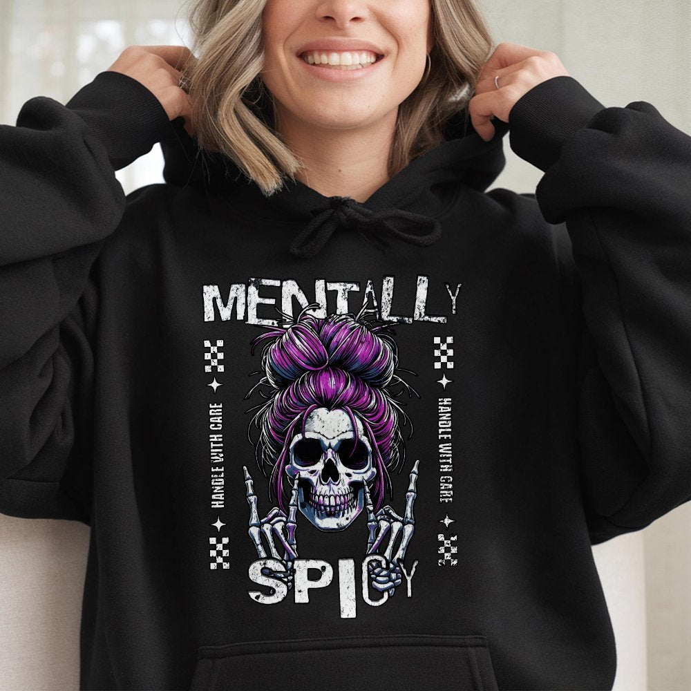 Mentally Spicy Hoodie | Sassy Skull Purple Messy Bun Graphic | Cotton-Polyester Blend | Funny Sarcastic Gift for Women & Teen
