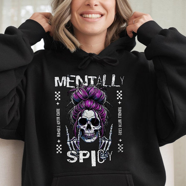 Mentally Spicy Hoodie | Sassy Skull Purple Messy Bun Graphic | Cotton-Polyester Blend | Funny Sarcastic Gift for Women & Teen
