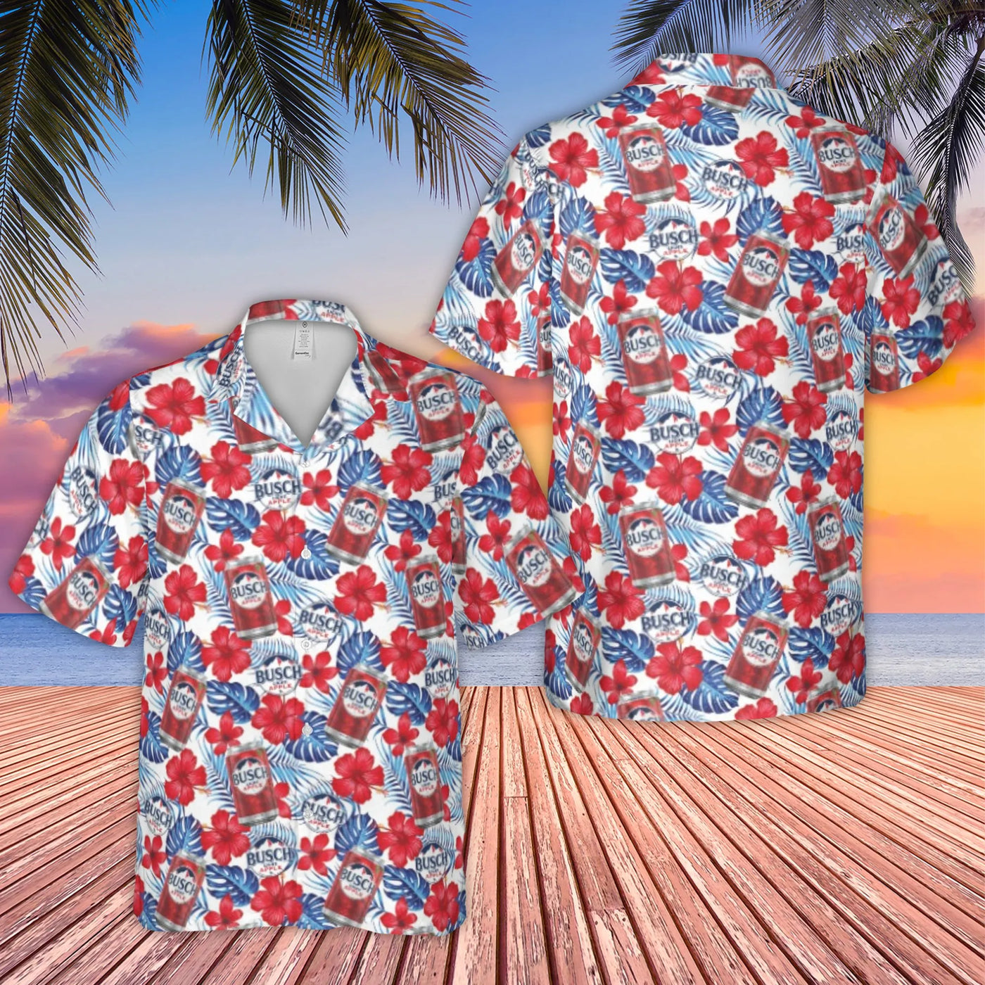 Busch Light Apple Hawaiian Shirt | Tropical Red Hibiscus Beer Print | Woven Polyester Summer Button-Up | Gift for Beer Lovers