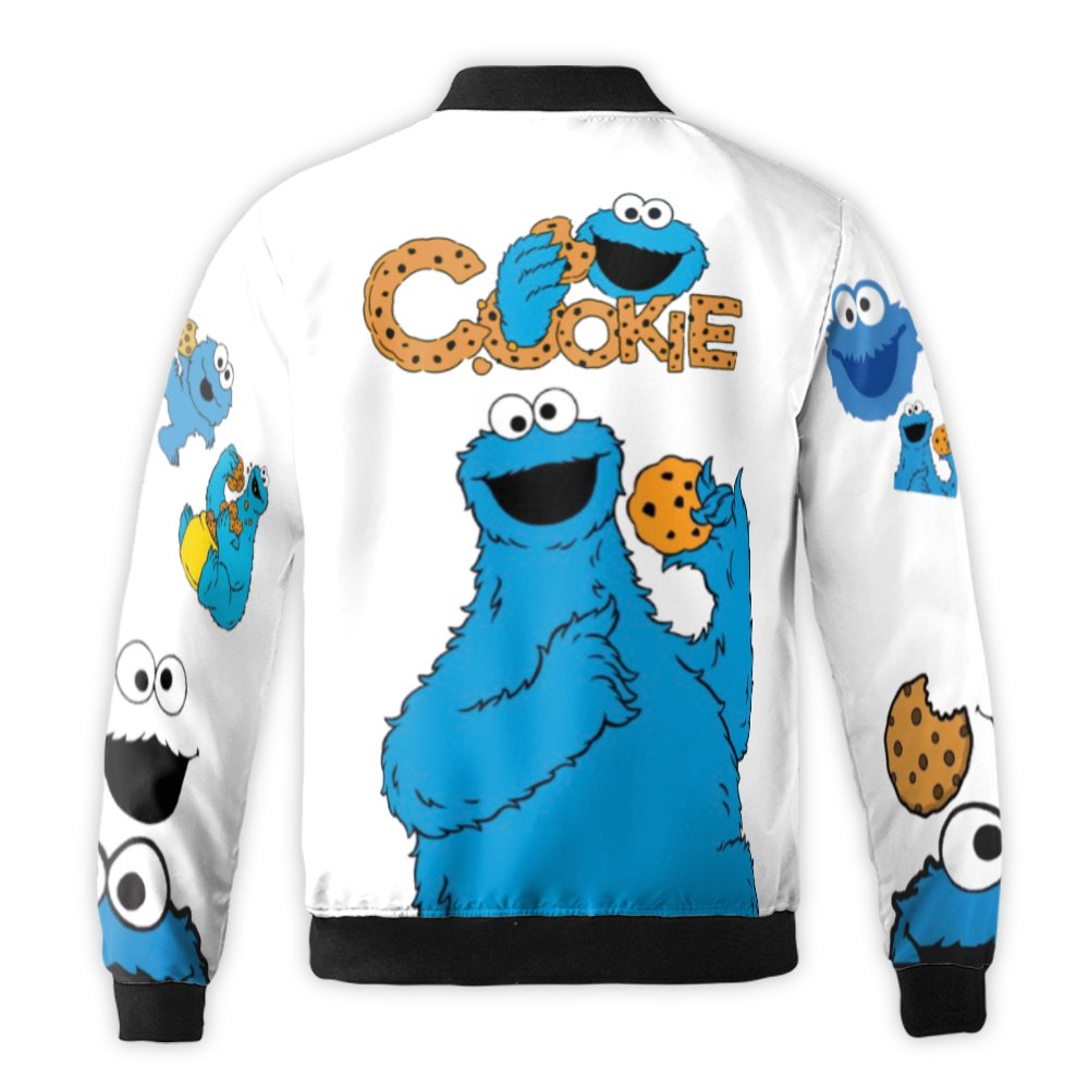 Cookie Monster Bomber Jacket | Nostalgic Cartoon Streetwear | Durable Nylon Shell | Fun Gift for Fans and Cookie Lovers