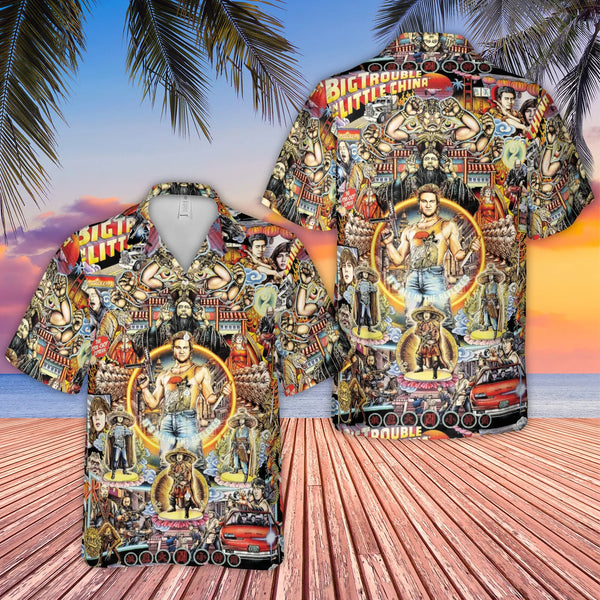 Big Trouble in Little China Hawaiian Shirt | Retro 80s Movie Poster Collage | Woven Polyester Aloha Shirt | Collector's Gift 