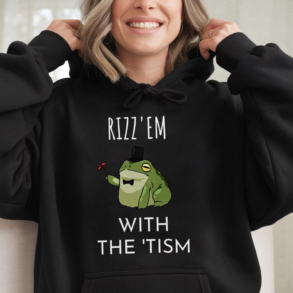 Rizz Em With The Tism Hoodie | Funny Frog Meme Graphic Sweatshirt | Premium Cotton Blend | Gift For Neurodivergent Friends & 