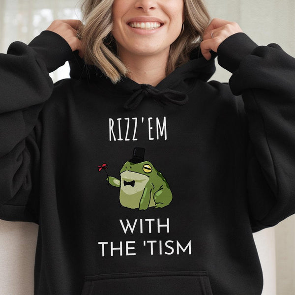 Rizz Em With The Tism Hoodie | Funny Frog Meme Graphic Sweatshirt | Premium Cotton Blend | Gift For Neurodivergent Friends & 