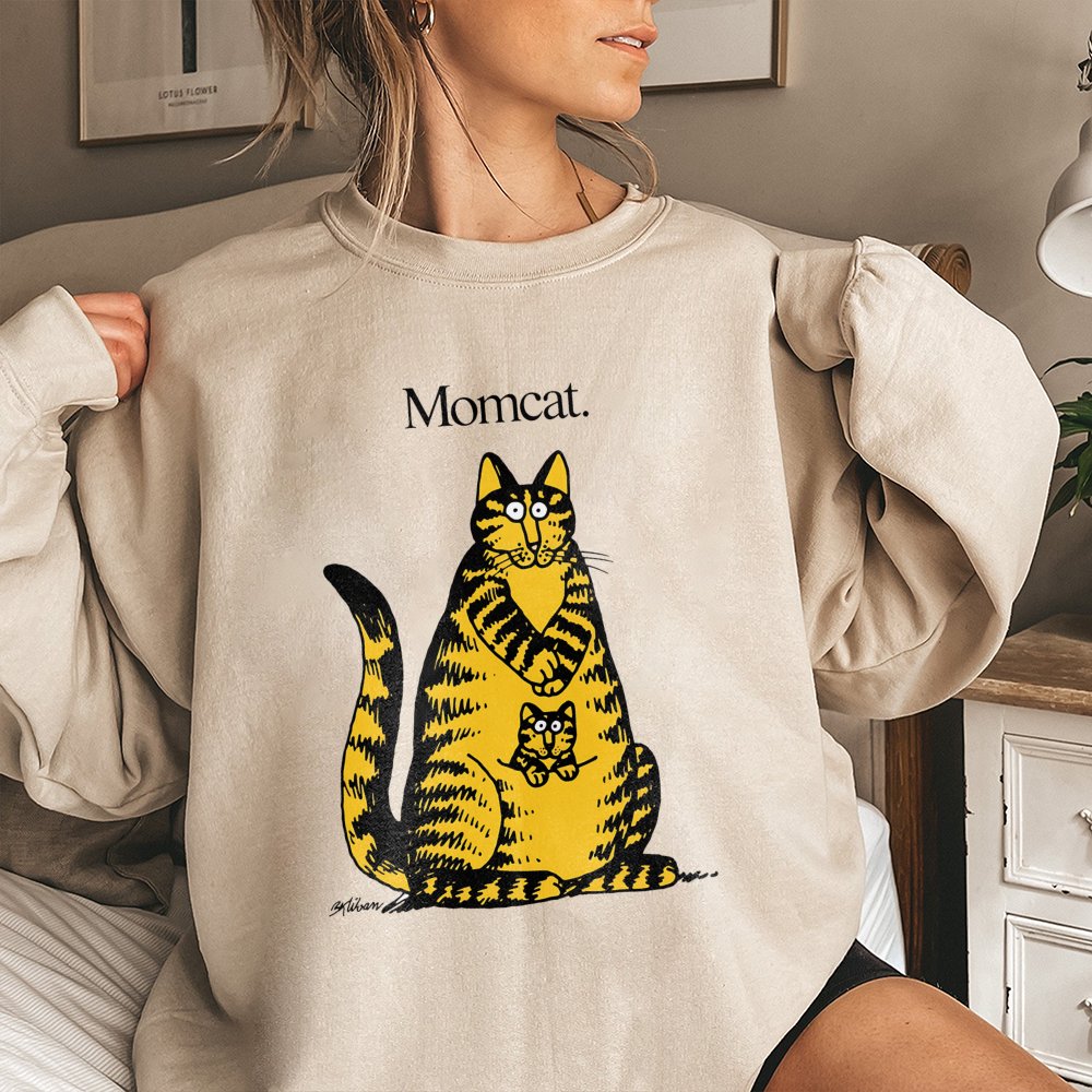 Mom Cat Sweatshirt | Funny Retro Cartoon Kliban Style Graphic | Premium Cotton Blend Crewneck | Cute Gift for Cat Mom or Cat 