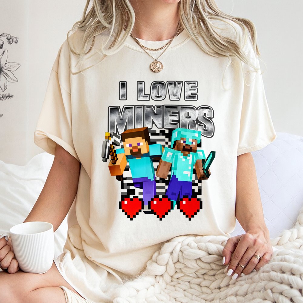 I Love Miners Pixel Graphic T-Shirt | Retro Gamer Mining Adventure Tee | 100% Cotton Premium Quality | Funny Video Game Gift 