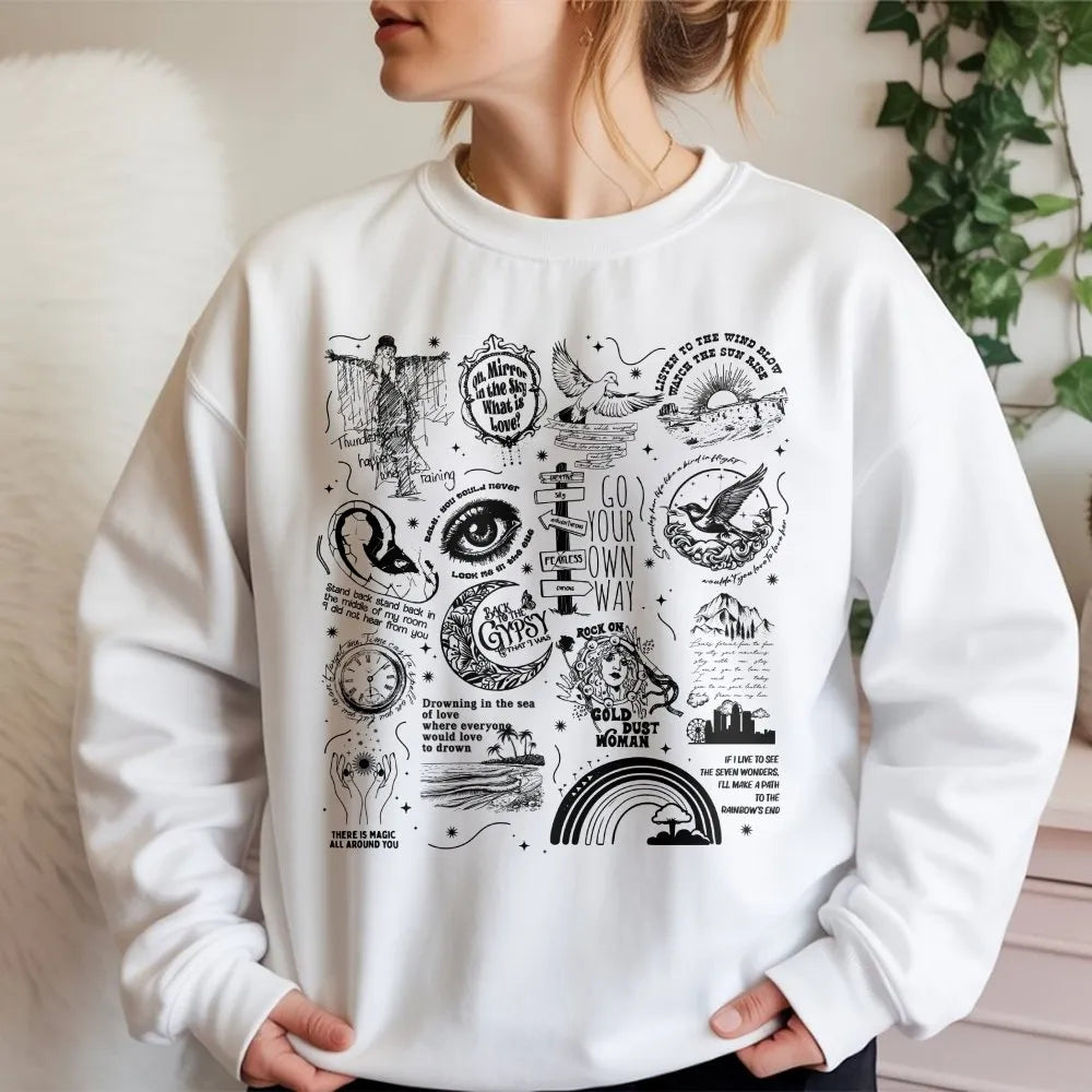 Music Legend Graphic Sweatshirt | Iconic Lyric Collage Art | Premium Cotton Blend | Soft Unisex Gift for Classic Rock Fans