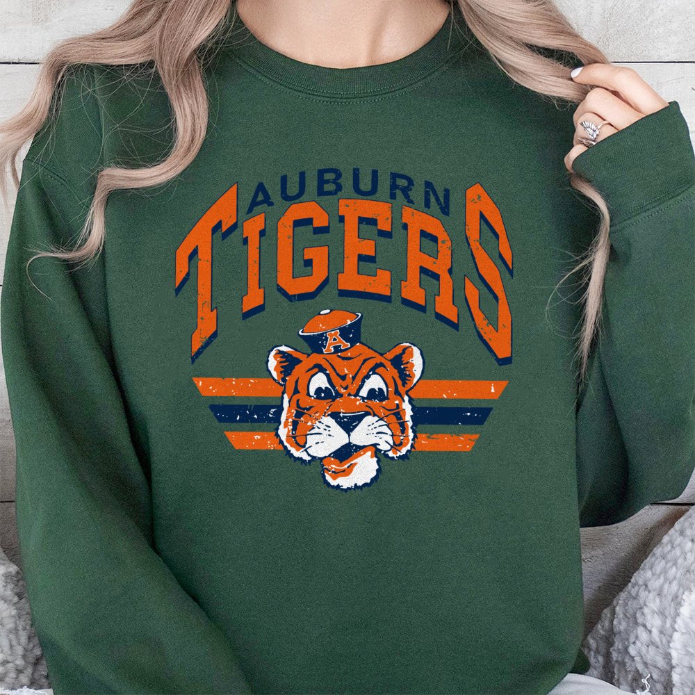 Auburn Tigers Sweatshirt | Vintage Mascot Distressed Logo Graphic | Premium Cotton Blend | College Football Fan Gift For Stud