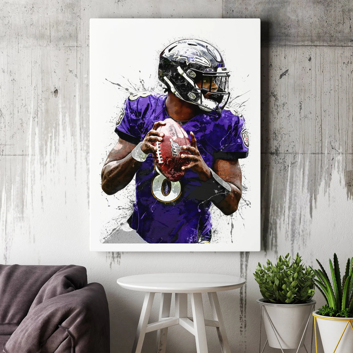 Lamar Jackson Canvas Art | NFL Football Splatter Poster | Premium Gallery Wrap Wall Decor | Ravens Fan Gift For Him