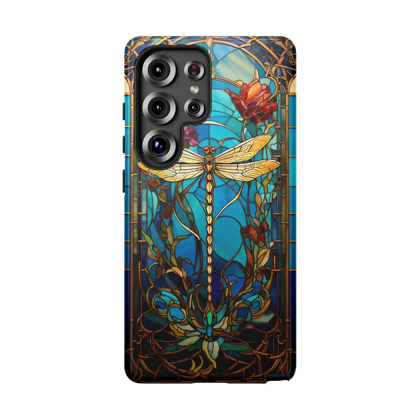 Stained Glass Dragonfly Phone Case | Artistic Floral Nature Pattern | Dual-Layer Polycarbonate Protection | Unique Gift for S