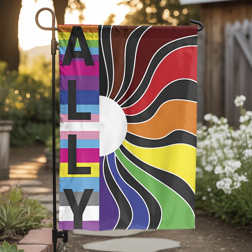 LGBTQ Ally Garden Flag | Pride Rainbow Sunburst Design | Durable Weather-Resistant Polyester | Outdoor Pride Month Decor Gift