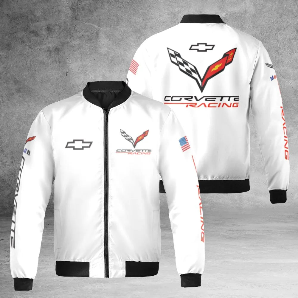 Corvette Racing Bomber Jacket | Chevrolet Logo Graphic Coat | Premium Nylon & Quilted Streetwear | Unisex Sports Car Fan Gift
