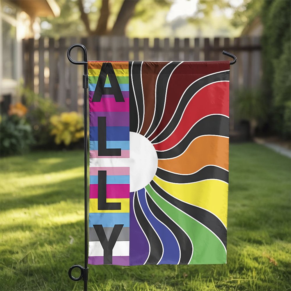 LGBTQ Ally Garden Flag | Pride Rainbow Sunburst Design | Durable Weather-Resistant Polyester | Outdoor Pride Month Decor Gift