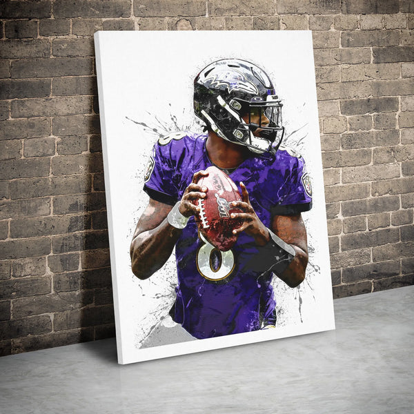 Lamar Jackson Canvas Art | NFL Football Splatter Poster | Premium Gallery Wrap Wall Decor | Ravens Fan Gift For Him