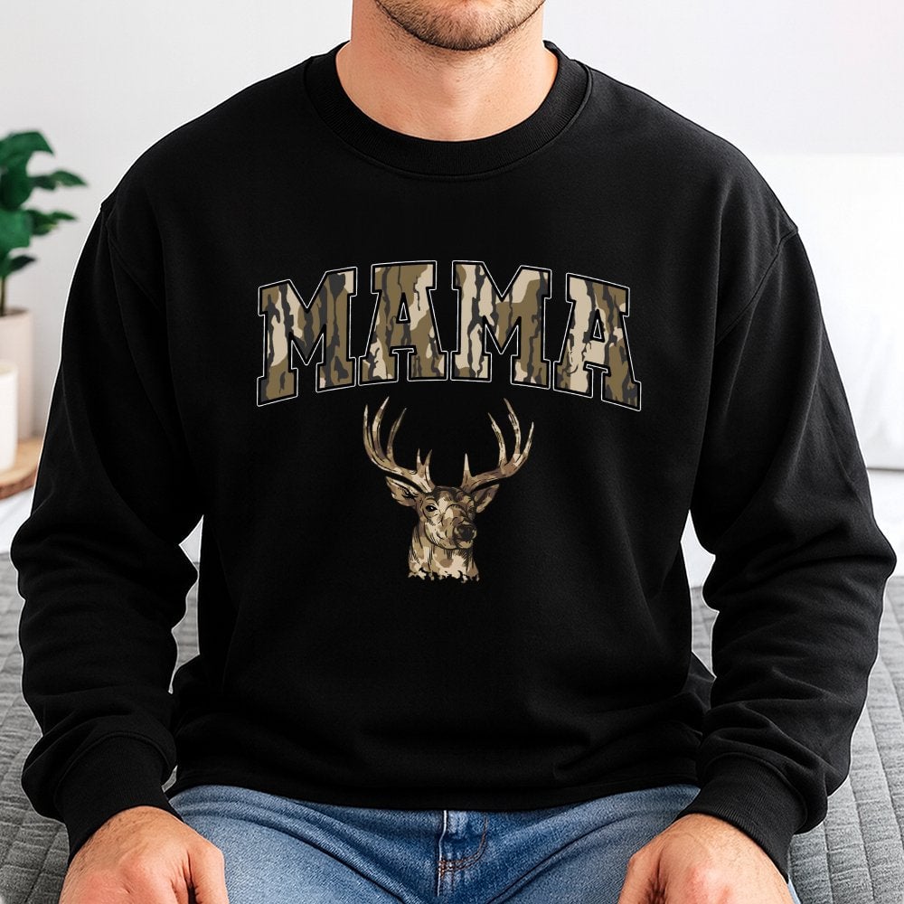 Mama Deer Hunting Sweatshirt | Camo Lettering Graphic Crewneck | Premium Cotton Blend | Gift for Hunter Mom Birthday or Mothe