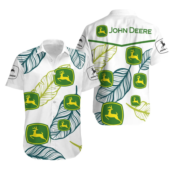 John Deere Hawaiian Shirt | Tropical Leaf Pattern | Lightweight Summer Aloha Wear | Gift for Farming Fans
