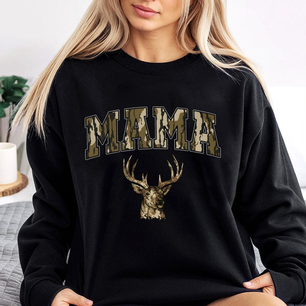 Mama Deer Hunting Sweatshirt | Camo Lettering Graphic Crewneck | Premium Cotton Blend | Gift for Hunter Mom Birthday or Mothe