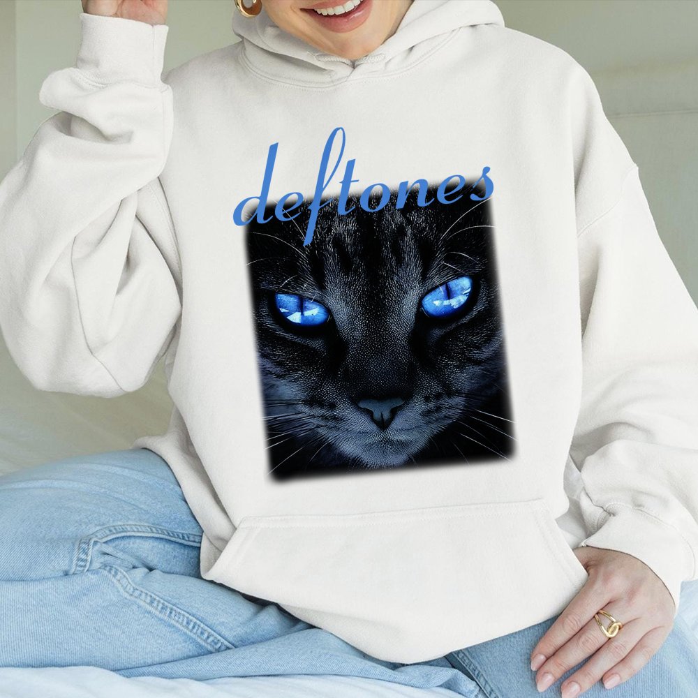 Deftones Cat Hoodie | Neon Blue Eyes Graphic Print | Cotton-Poly Blend Premium Fleece | Alternative Rock Music Band Merch Gif