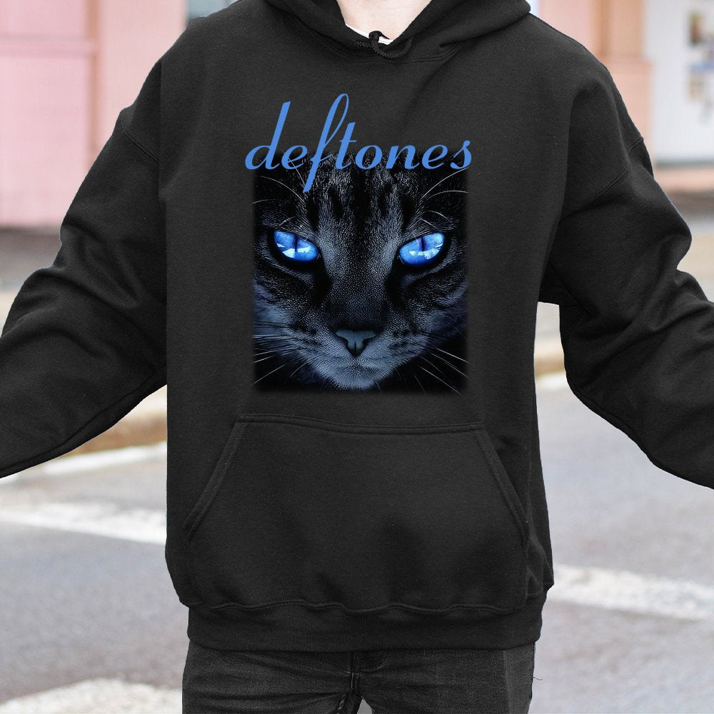 Deftones Cat Hoodie | Neon Blue Eyes Graphic Print | Cotton-Poly Blend Premium Fleece | Alternative Rock Music Band Merch Gif
