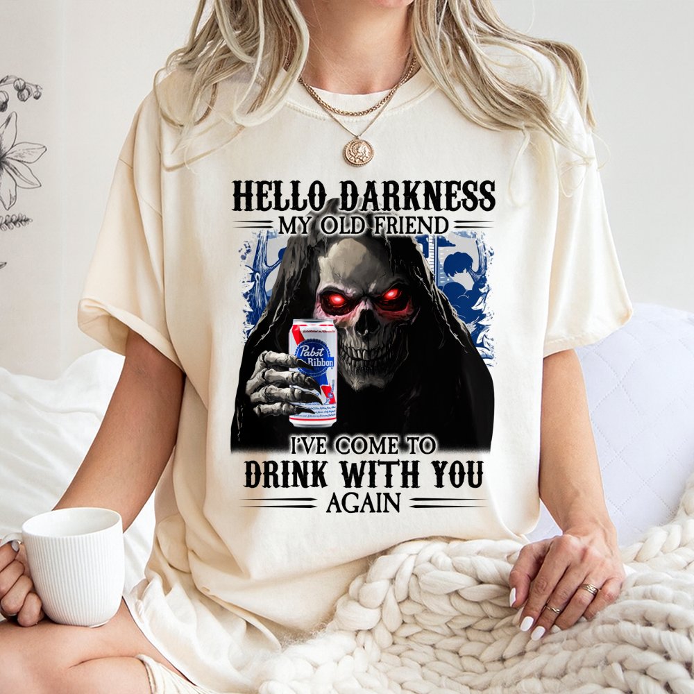 Grim Reaper Beer T-Shirt | Hello Darkness My Old Friend Graphic | Premium Cotton Unisex Tee | Funny Drinking Gift for Beer Lo