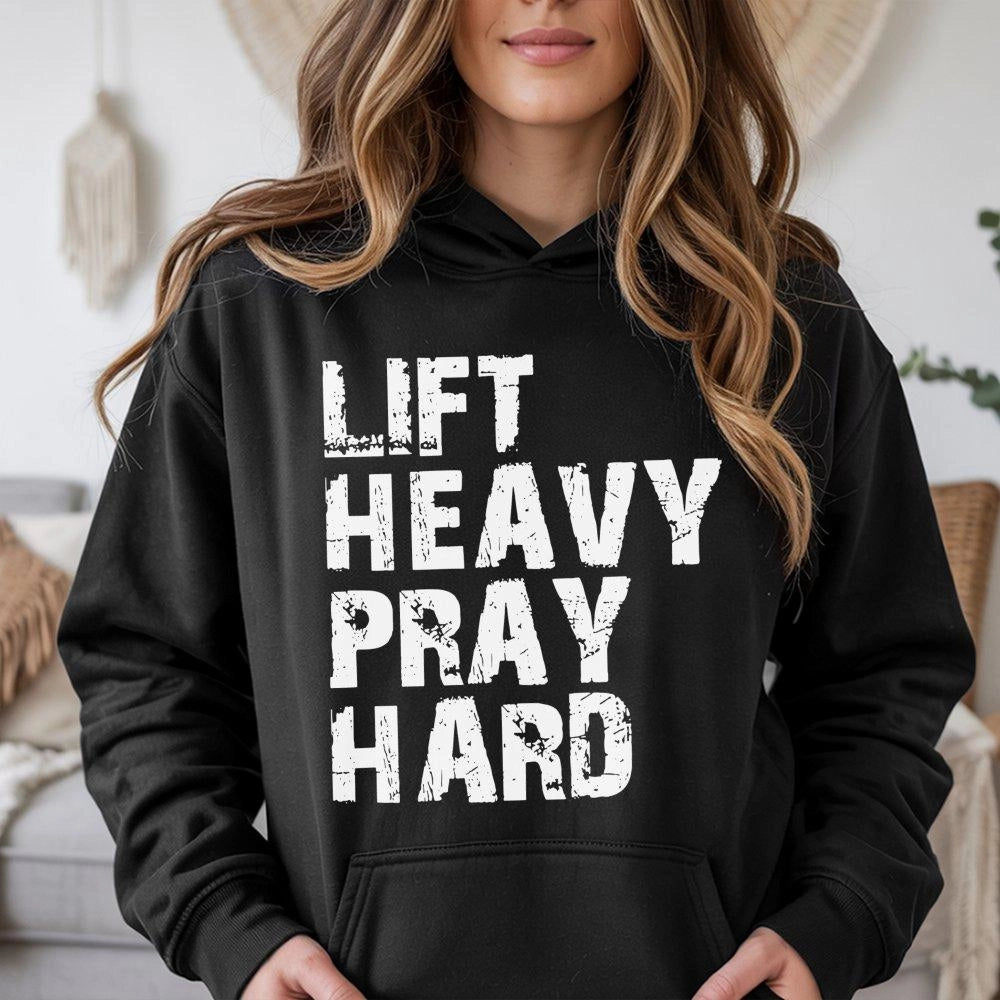 Lift Heavy Pray Hard Hoodie | Distressed Fitness Faith Graphic | Premium Cotton Blend | Christian Gym Gift For Men Women