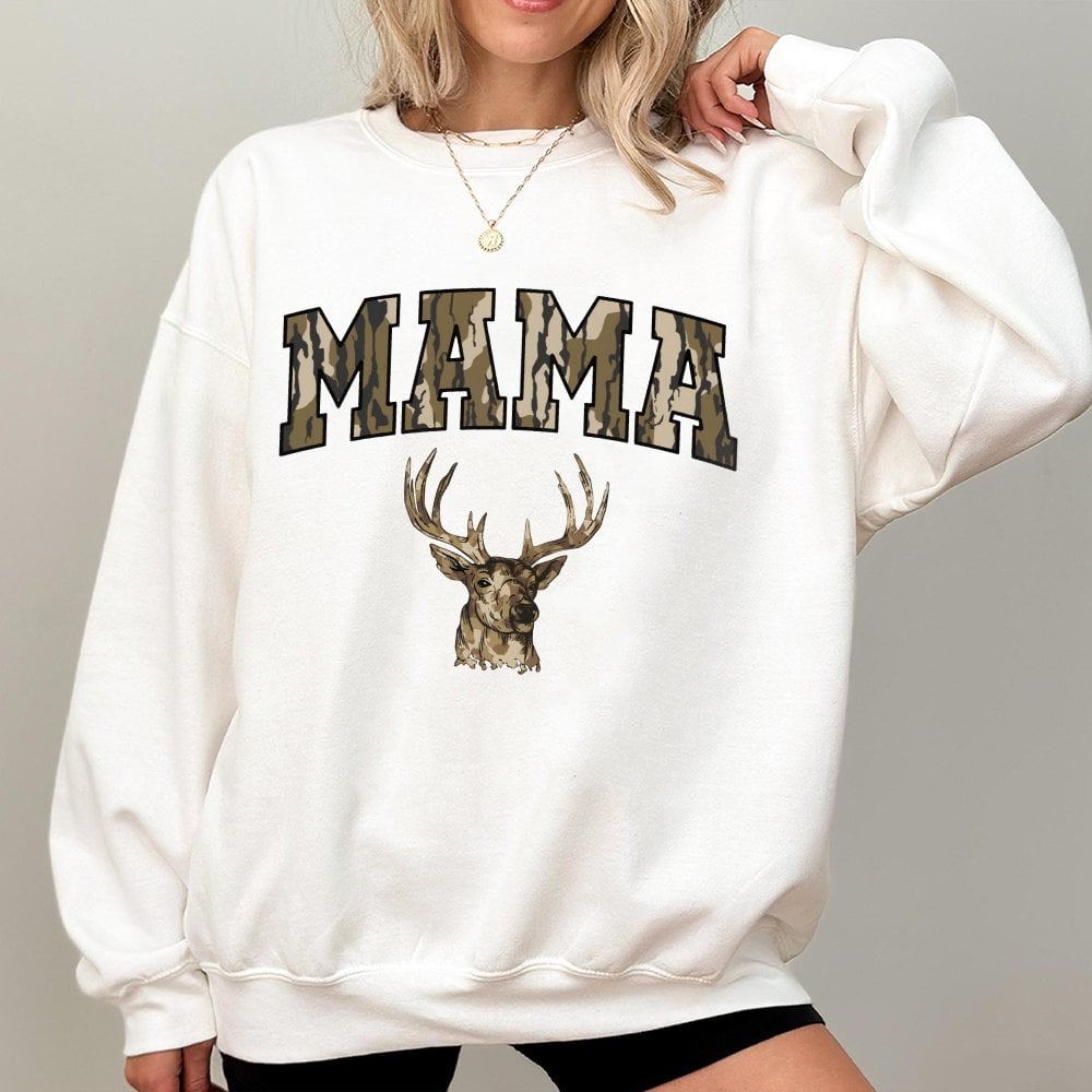 Mama Deer Hunting Sweatshirt | Camo Lettering Graphic Crewneck | Premium Cotton Blend | Gift for Hunter Mom Birthday or Mothe