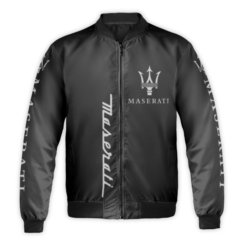 Maserati Logo Bomber Jacket | Luxury Car Graphic Streetwear | Durable Nylon Full-Zip Coat | Premium Automotive Enthusiast Gif