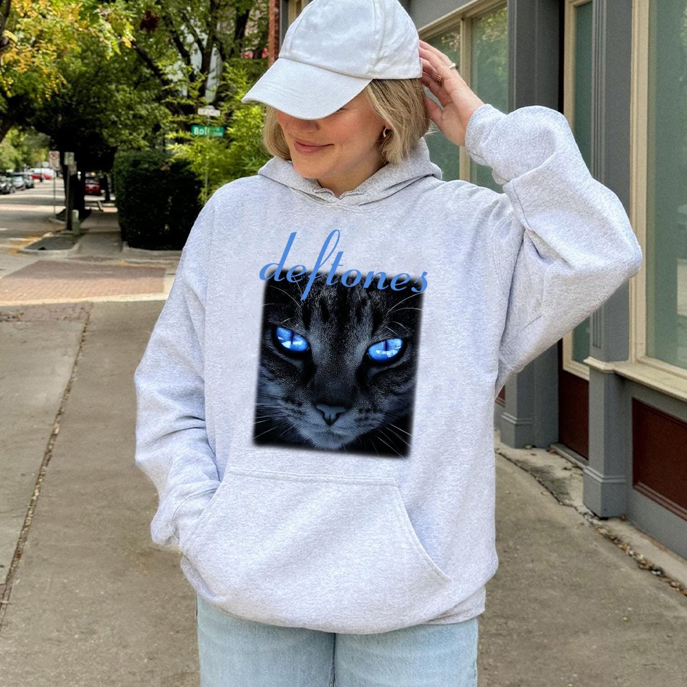 Deftones Cat Hoodie | Neon Blue Eyes Graphic Print | Cotton-Poly Blend Premium Fleece | Alternative Rock Music Band Merch Gif