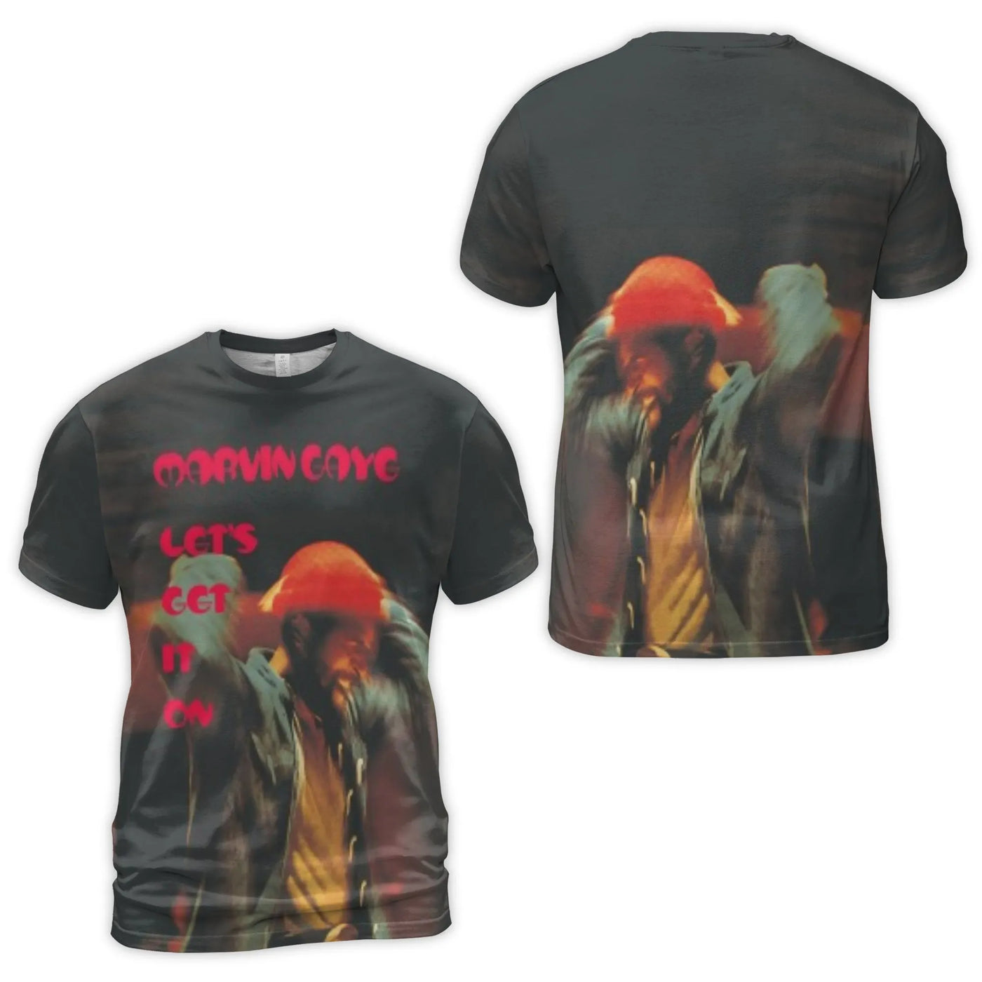 Marvin Gaye All-Over Print T-Shirt | Lets Get It On Retro Music Graphic | Premium Polyester Blend | Vintage Soul Music Gift f