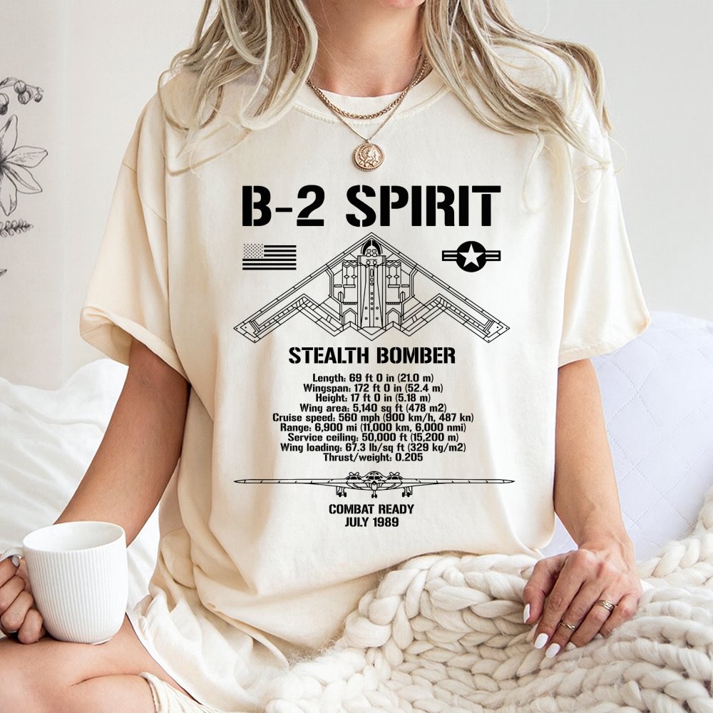 B-2 Spirit Stealth Bomber T-Shirt | Technical Blueprint Schematic Design | 100% Cotton Premium Tee | Aviation Gift for Milita