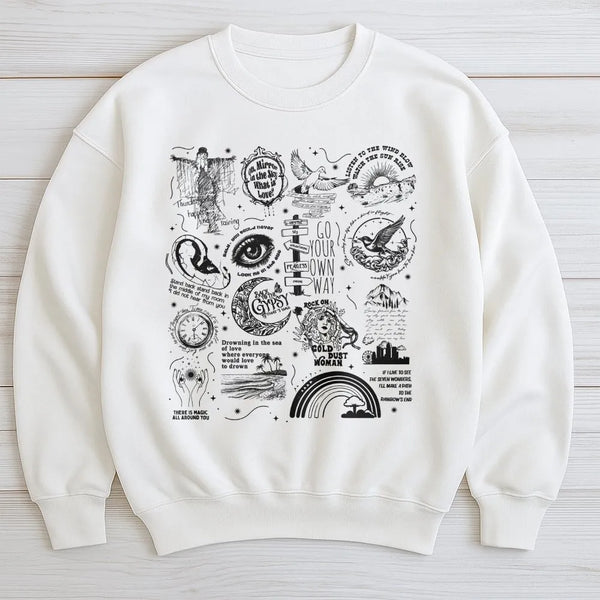 Music Legend Graphic Sweatshirt | Iconic Lyric Collage Art | Premium Cotton Blend | Soft Unisex Gift for Classic Rock Fans
