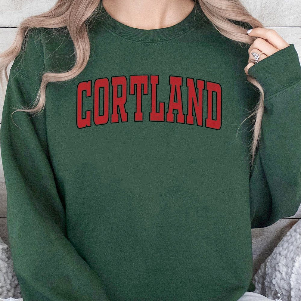 Cortland Sweatshirt | Red Collegiate Arch Font Design | Premium Cotton Blend | Unisex Comfy Pullover Gift for Students and Lo