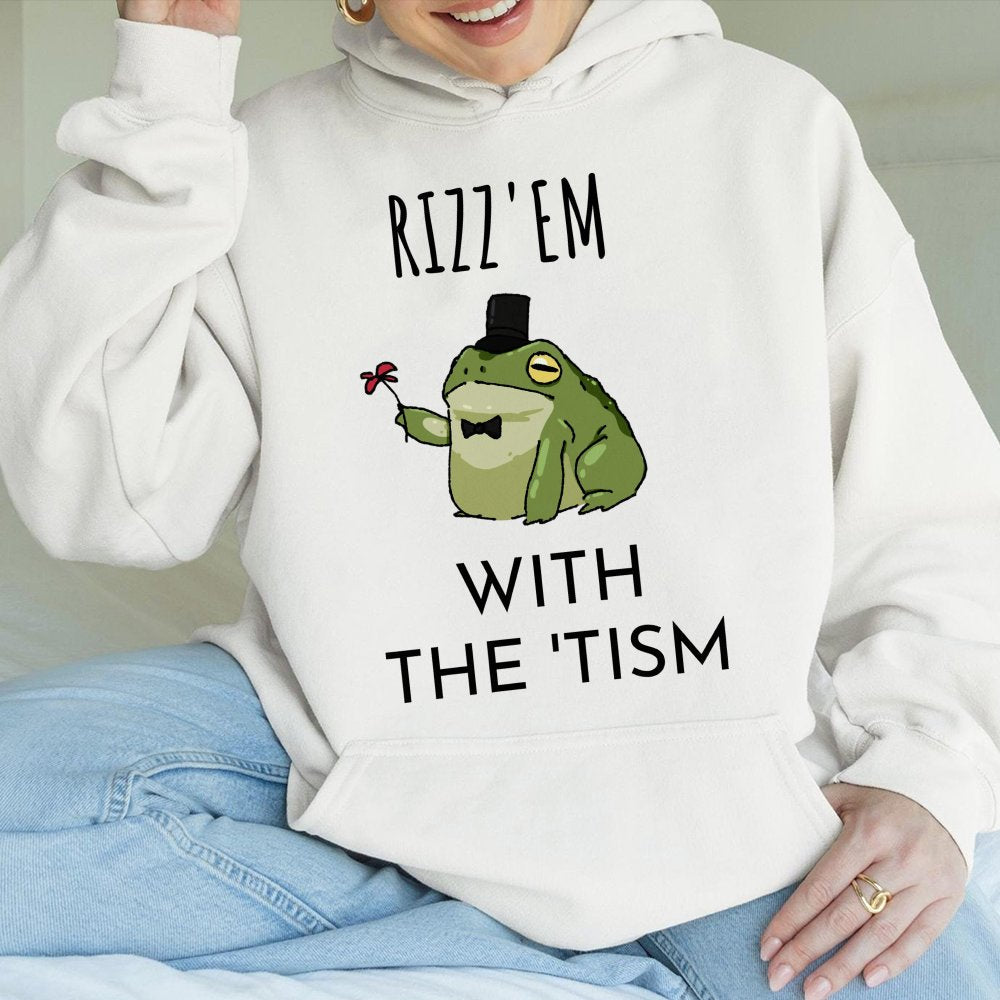 Rizz Em With The Tism Hoodie | Funny Frog Meme Graphic Sweatshirt | Premium Cotton Blend | Gift For Neurodivergent Friends & 
