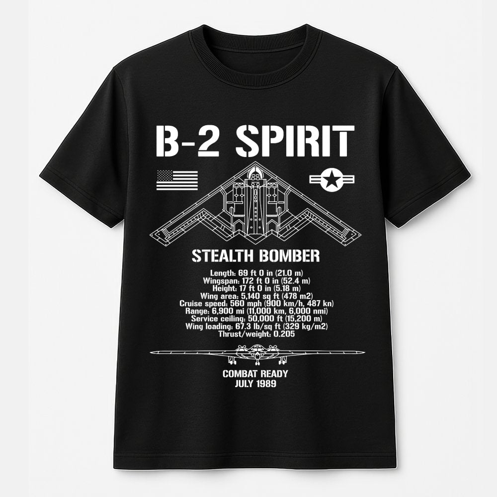 B-2 Spirit Stealth Bomber T-Shirt | Technical Blueprint Schematic Design | 100% Cotton Premium Tee | Aviation Gift for Milita