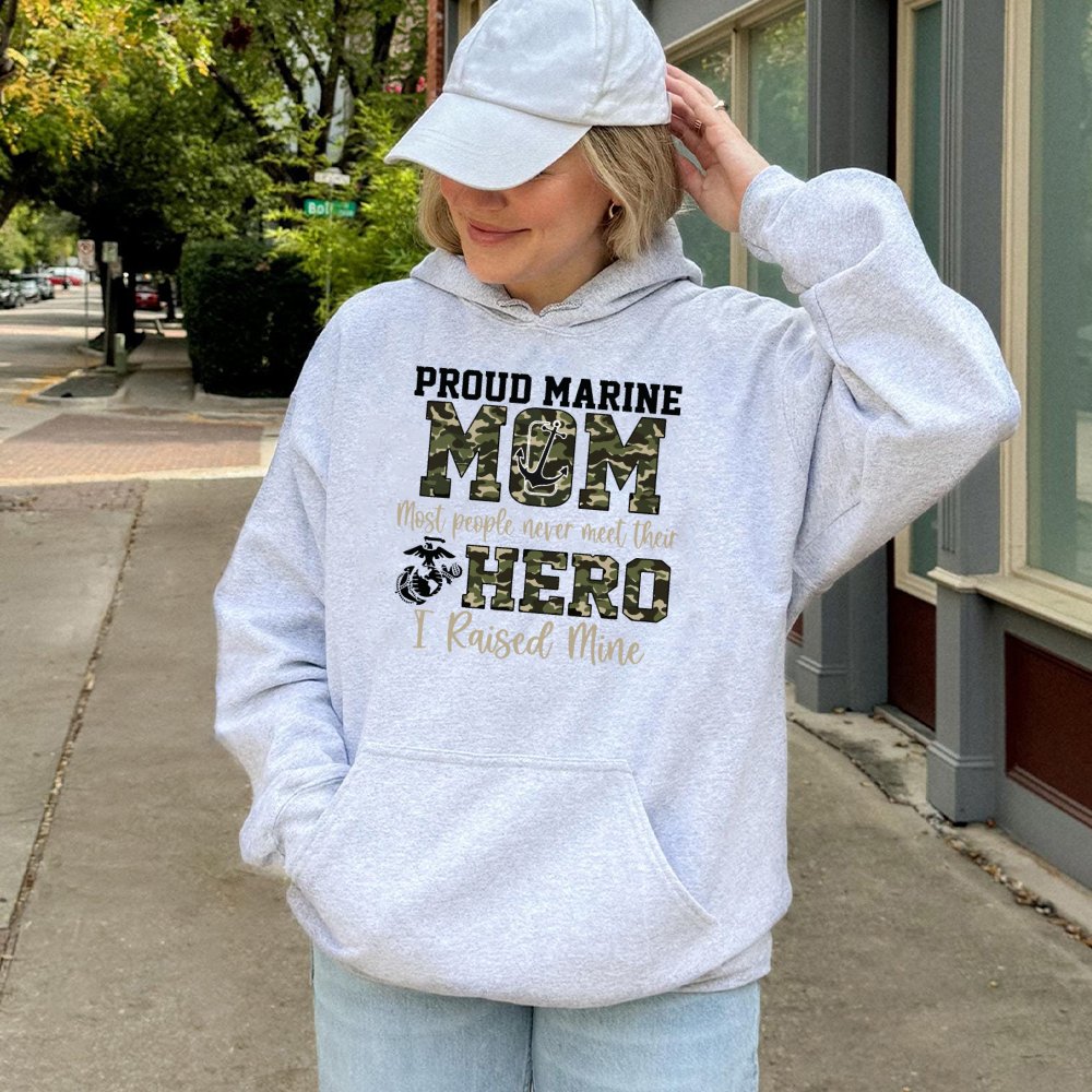 Proud Marine Mom Hoodie | Camo Text Military Gift | Premium Cotton-Poly Blend | USMC Support Apparel For Proud Mother