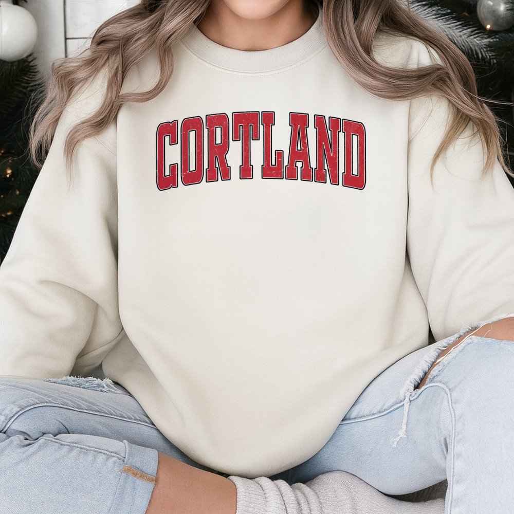 Cortland Sweatshirt | Red Collegiate Arch Font Design | Premium Cotton Blend | Unisex Comfy Pullover Gift for Students and Lo