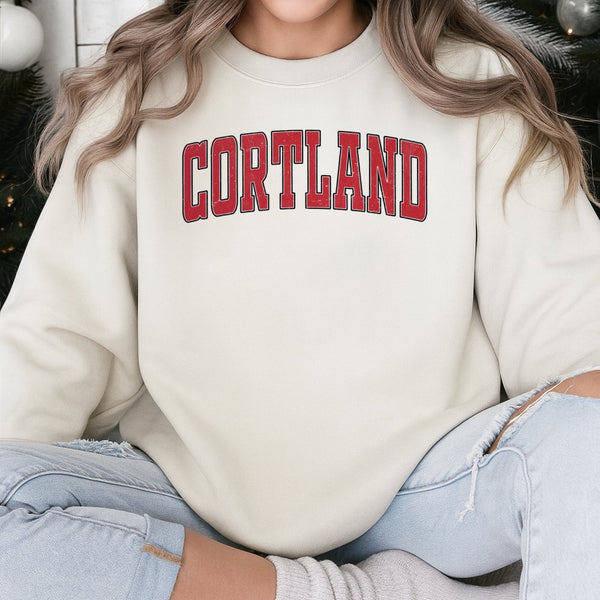Cortland Sweatshirt | Red Collegiate Arch Font Design | Premium Cotton Blend | Unisex Comfy Pullover Gift for Students and Lo